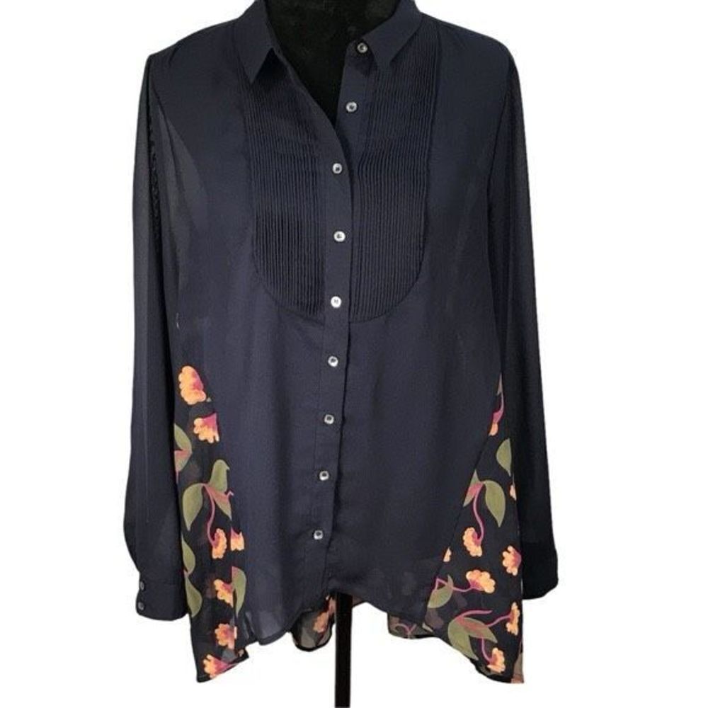 ✨Anthropologie Maeve Ira Navy Blue Pleat Front Floral Hi Low Button Sz 8 Blouse✨ - Picture 13 of 14